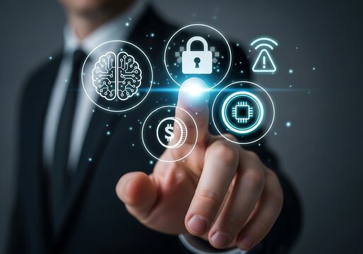 Businessman touching digital interface with security and artificial intelligence icons representing modern technology