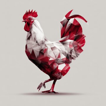 Polygonal rooster design in vibrant red and white colors on neutral background