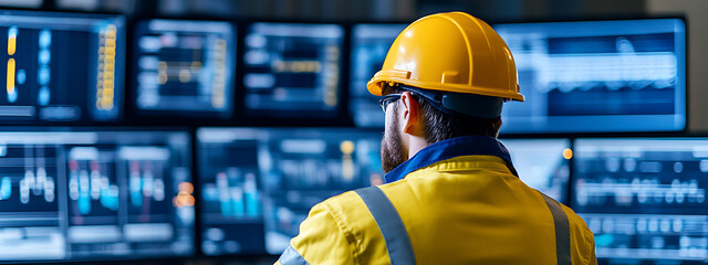 Industrial worker monitoring screens displaying data and graphs in a control room. The focus is on safety and data analysis for efficient operations.