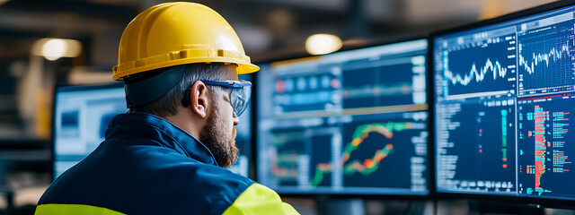 Industrial worker in hardhat monitoring data streams on multiple monitors. The charts display financial data.