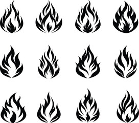 A set of  twelve fire flame vector silhouette designs. Simple collection. Isolated bundle.	