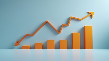 Visualizing upward financial growth and positive market trends with an orange bar chart and arrow graph against a light blue background