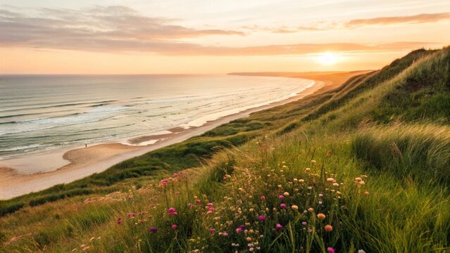 A breathtaking coastal sunset, captured from a grassy hillside overlooking the sea. The golden sun dips toward the horizon, casting a warm light over the gentle waves and a lush field of grass - Powered by Adobe