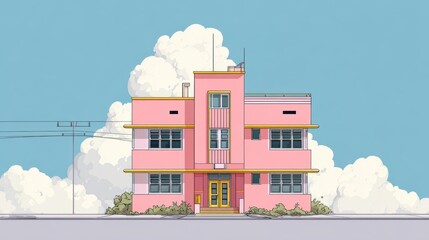 Obraz premium Illustrated pink modern multi-story building with yellow door under cloudy sky in a contemporary urban setting