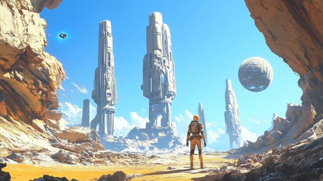 Traveler and robot companion in a golden sci fi landscape with alien structures and hovering orb