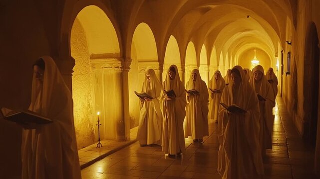 Procession of Hooded Women Holding Books in Ancient Monastery