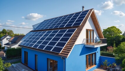 Fototapeta premium Modern blue house with a steeply pitched roof covered in numerous solar panels under a bright sunny sky with fluffy clouds