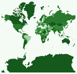 Map of World. Just a simple border map with country division. Green color palette. Flat map with administrative division. Vector illustration.