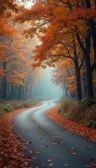 Naklejka premium Serene winding road through a misty autumn forest