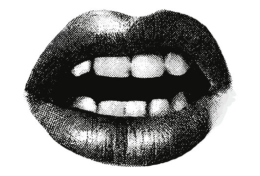 Y2K punk scream lips and mouth featuring brutalist halftone stipple texture, monochrome photocopy style. Vintage vector illustration for retro music poster with gritty collage noise effect