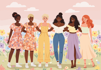 A group of diverse women stand together, arm in arm, in a field of flowers.