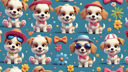 Obraz premium Puppies Pattern: Adorable cartoon puppies wearing hats and bows in a seamless pattern.