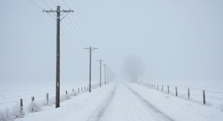 Snowy Path to the Horizon: A serene, snowy landscape showcases a road disappearing into a misty horizon, lined with utility poles and a fence, evoking a sense of solitude and cold.