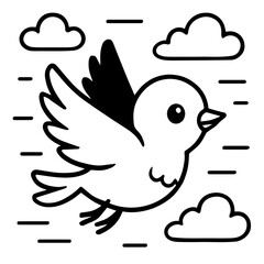 Cute Flying Bird with Clouds - Black and White Vector