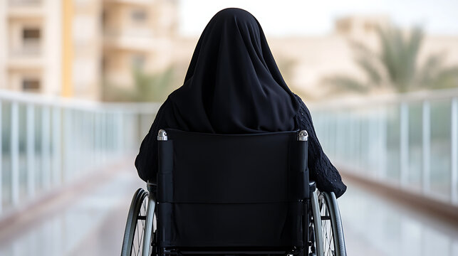 Woman in wheelchair outdoors, viewed from the back. Focus on independence and accessibility.