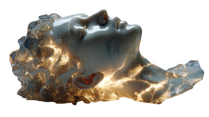 Abstract sculpture of a human face with glowing internal light effects isolated on transparent background