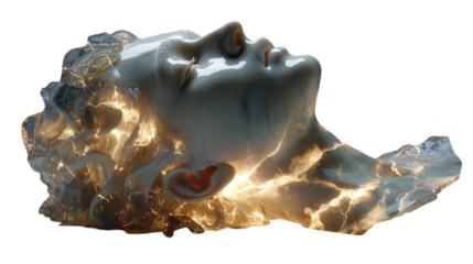 Abstract sculpture of a human face with glowing internal light effects isolated on transparent background