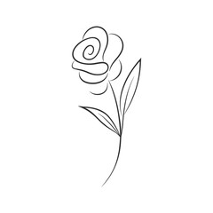 Minimal line art rose stem with leaves elegant outline