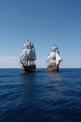 Two historic tall ships sailing on a calm blue ocean under clear skies
