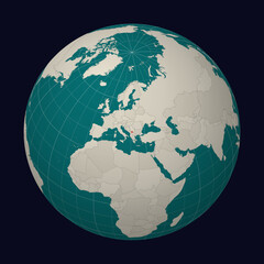 Kosovo on the map. Globe centered to Kosovo. Country location on the world map. Teal Pale Mint color palette. Globe with countries, meridians and parallels. Trending vector illustration.