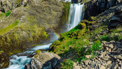 Rainbow Dynjandi waterfall natural landscape in Iceland