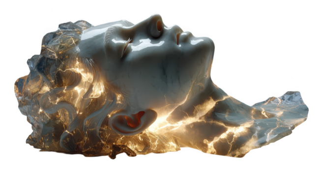 Abstract sculpture of a human face with glowing internal light effects isolated on transparent background