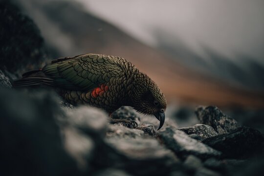 Detailed Feathers on Rocks, Close-Up with Soft Mountain Background, Dramatic Lighting, Moody, Avian Wildlife