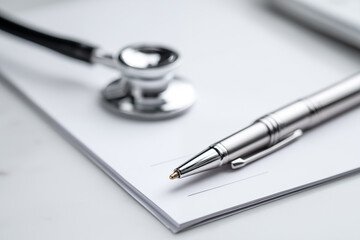 Stethoscope Draped Over a Prescription Pad and Pen An elegant visual with a stethoscope draped diagonally over a blank prescription pad and sleek silver pen.
