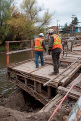 Two construction workers in safety gear examine the wooden framework of a bridge under repair, located beside a river in a residential neighborhood on a cloudy day