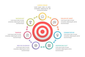Business infographic template with central target connected to seven colorful information boxes