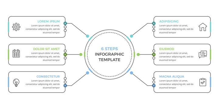 Infographic template with central circle and six connected text boxes, business diagram with icons and connecting lines, vector eps10 illustration