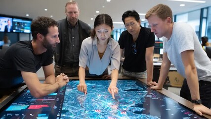 Tech Team's Data Discussion: A dynamic group of tech-savvy individuals collaboratively analyzing and exploring intricate data on a cutting-edge interactive screen - Powered by Adobe