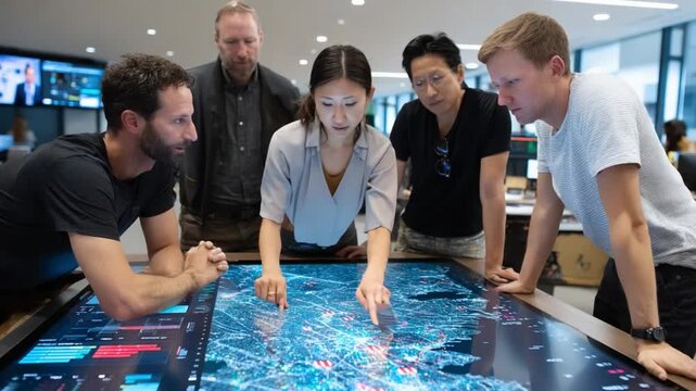 Tech Team's Data Discussion: A dynamic group of tech-savvy individuals collaboratively analyzing and exploring intricate data on a cutting-edge interactive screen - Powered by Adobe