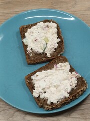 Two Open-Faced Sandwiches with Cottage Cheese on a Blue Plate