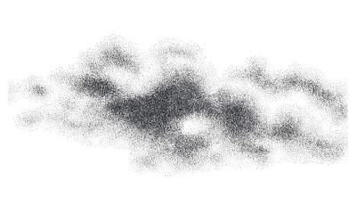 Organic monochrome cloud shape formed by compact pixel dots and grain texture. Grunge 8-bit dither pattern with digital static vibe. Vector illustration, halftone, vintage noise effect