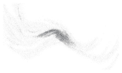 Abstract fluid composition of monochrome stippled trail with dispersed dot wave and mist texture. Floating grain particles create grainy overlay effect. Vector illustration, retro background design
