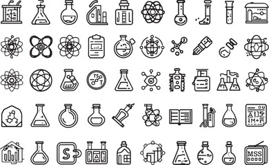 Chemistry Lab Experiment Outline Icons - Scientific Research and Pharmaceutical Symbols Set