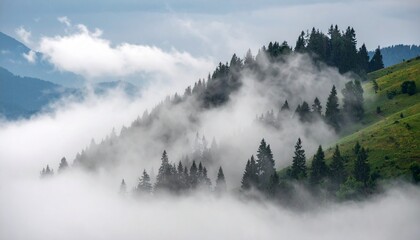 Fototapeta premium Majestic mountain range illuminated by golden sunlight, framed by a dense forest.