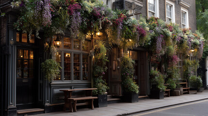 Obraz premium Traditional pub exterior with hanging plants