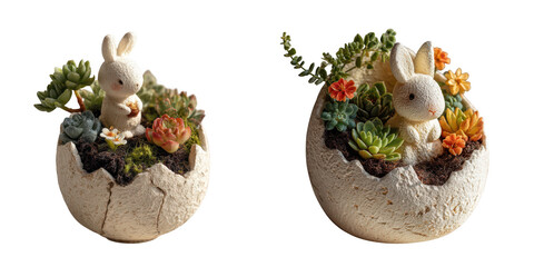 Two decorative easter egg planters filled with succulents and adorable bunny figurines isolated on transparent background