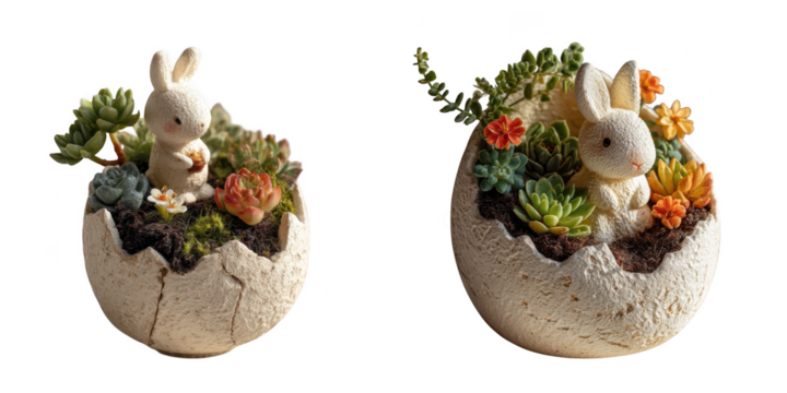 Two decorative easter egg planters filled with succulents and adorable bunny figurines isolated on transparent background