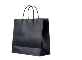 Black paper shopping bag isolated on a transparent background in PNG format.