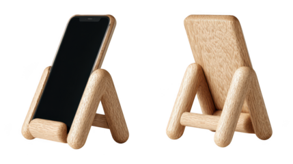 Two wooden smartphone stands with a phone in each showcasing a practical and eco friendly mobile accessory isolated on transparent background