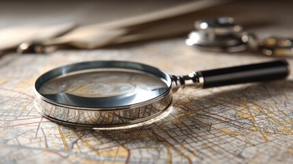 A magnifying glass is positioned over a detailed map, illuminating a specific area. Nearby, navigation tools rest on the table, creating a vintage travel ambiance in a softly lit room.