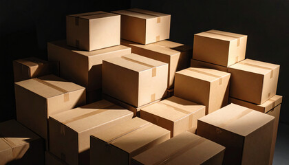 Fototapeta premium A large pile of sealed brown cardboard boxes stacked in a dark corner, symbolizing moving, shipping, and the concept of logistics and storage.