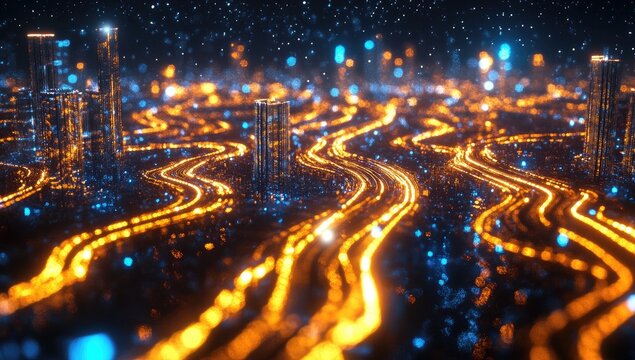 A city of light, futuristic and abstract.  Dynamic glowing lines of traffic weave through a cityscape.  Vibrant orange and blue lights illuminate the buildings and roads