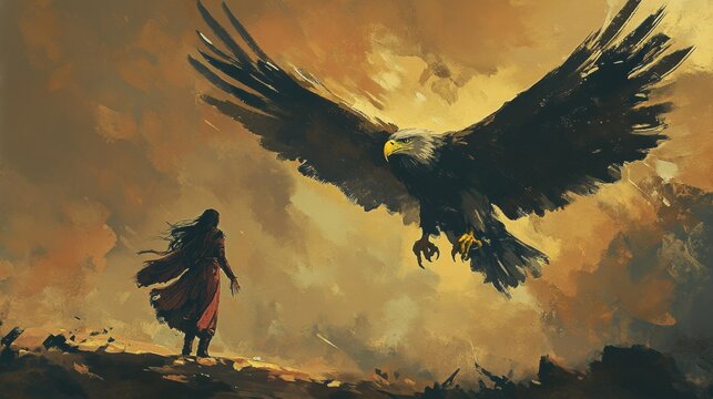 Majestic eagle soars towards fearless warrior woman in stunning digital art illustration