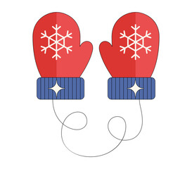 Cozy Red Mittens with Snowflakes and Blue Cuffs Connected by a String for Winter Warmth