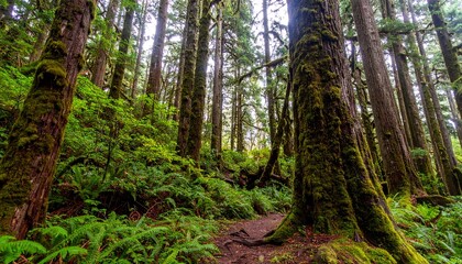 Fototapeta premium Majestic mountain range illuminated by golden sunlight, framed by a dense forest.