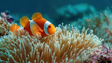 A clownfish interacts playfully with bright sea anemones in a lively coral reef teeming with life. Sunlight filters through the water, illuminating this beautiful ecosystem.